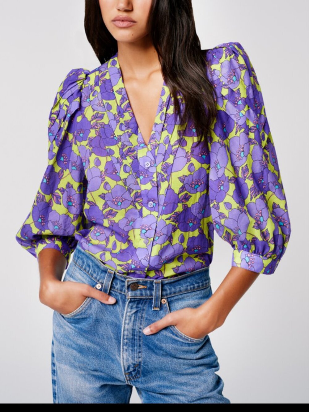 SMYTHE V-Neck Frontier Blouse - Chartreuse Floral
